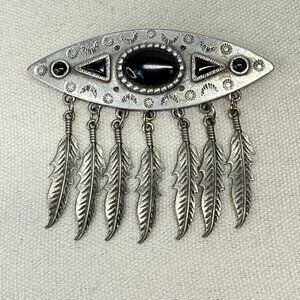 JJ Jonette Southwestern Design Feathers Black‎ Stone Dangle Brooch Vintage 1988